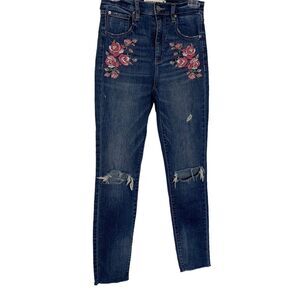 Garage Jeans Womens‎ 03 Distressed Pink Embroidered Flower Hi Rise Skinny Denim